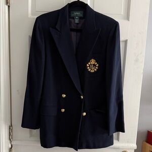 Vintage Lauren Ralph Lauren Navy Double-Breasted Blazer with Gold Crest